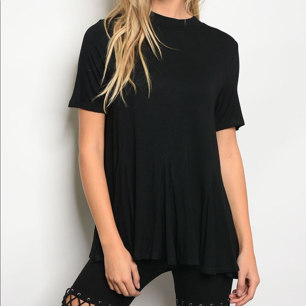 Black Flowy Relaxed Fit Tunic Top Soft Stretch Jersey Short Sleeve Blouse Size S